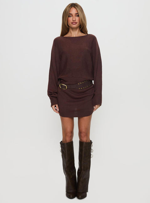 side view of model wearing Princess Polly Bellamie Long Sleeve Mini Dress Chocolate Boat Neck 
