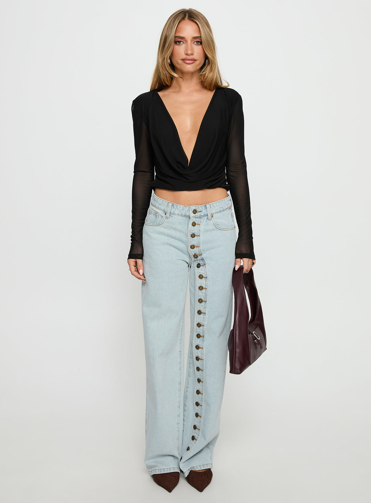 front view of model wearing Princess Polly Penny Mid Rise Straight Leg Jeans Light Denim Low Rise Jeans 