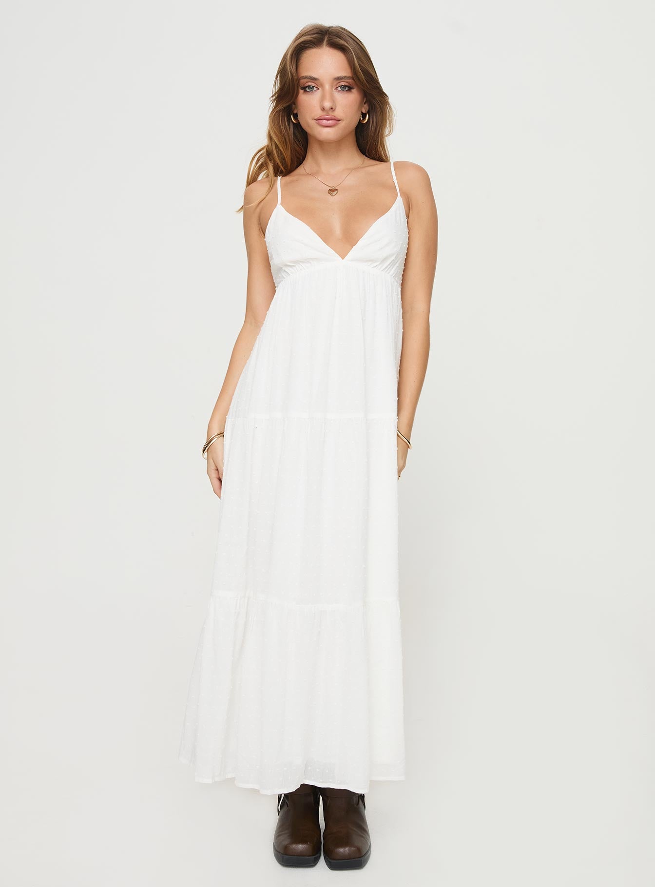 front view of model wearing Princess Polly Koko Maxi Dress White Plunger 