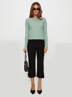 side view of model wearing Princess Polly Every Second Boat Neck Long Sleeve Top Green Check Full Sleeves Boat Neck 