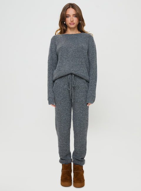 back view of model wearing Princess Polly Abrams Rib Knit Pants Charcoal Marle High Waisted Pants 