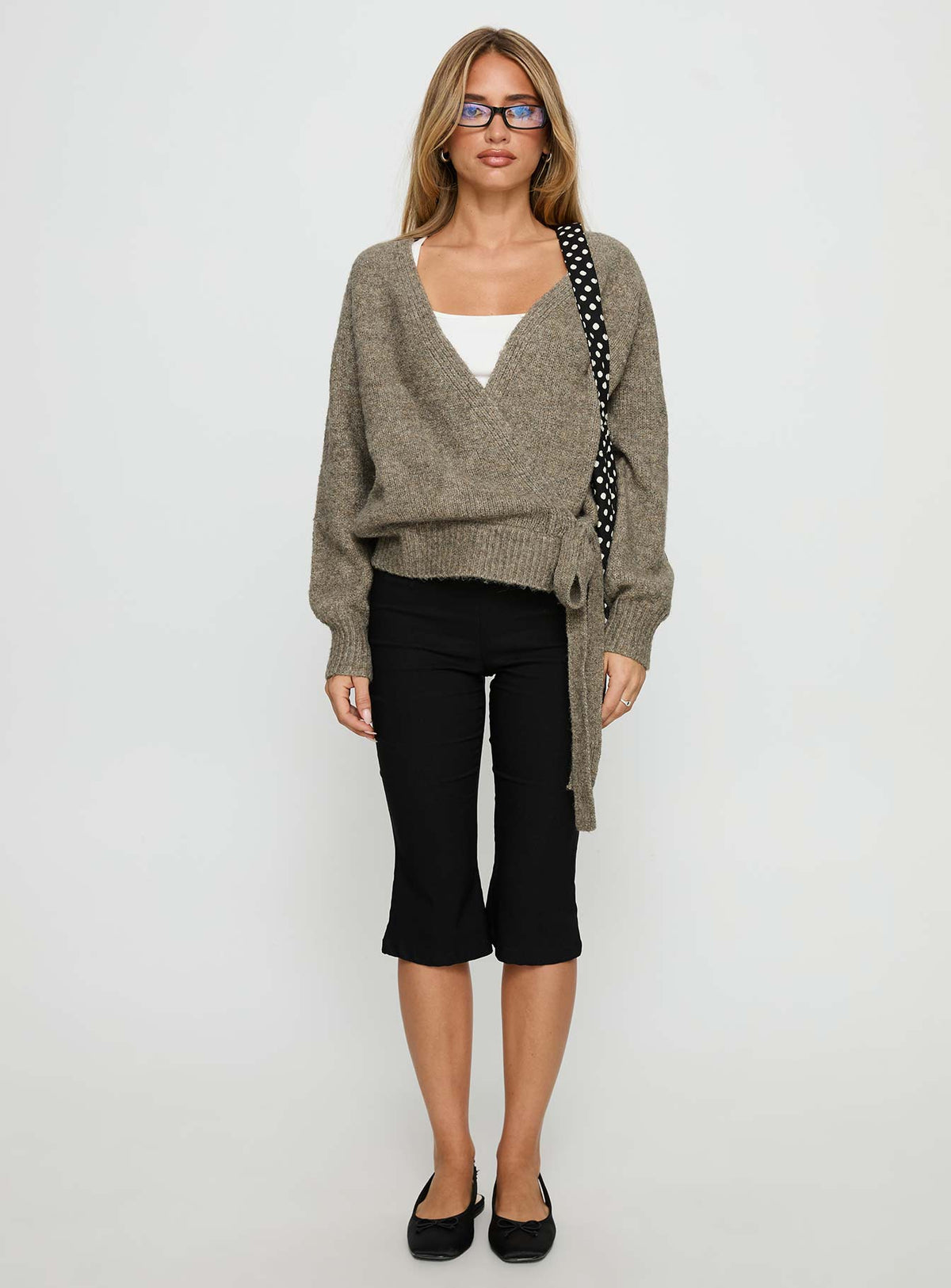 Crafted with the Daelan Wrap Knit Cardigan Brown womens-jumpers in short length front view of model wearing Princess Polly