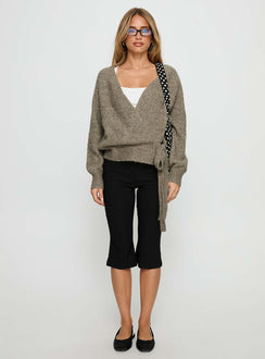 Crafted with the Daelan Wrap Knit Cardigan Brown womens-jumpers in short length front view of model wearing Princess Polly