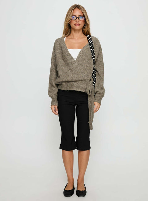 Crafted with the Daelan Wrap Knit Cardigan Brown womens-jumpers in short length front view of model wearing Princess Polly