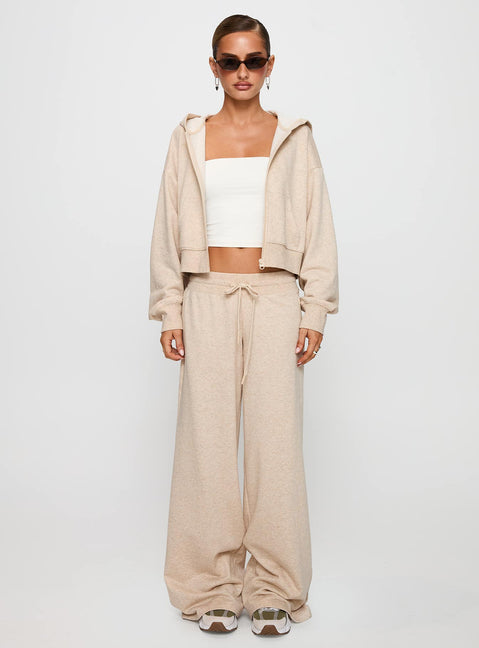 front view of model wearing Princess Polly Revive Zip Through Hoodie Oat Marle cropped Jumpers 