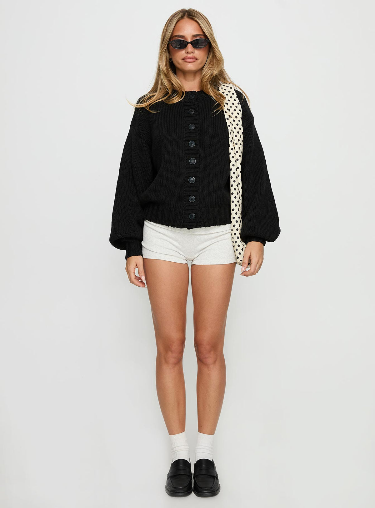 front view of model wearing Princess Polly Edern Cardigan Black Cropped Jumpers 