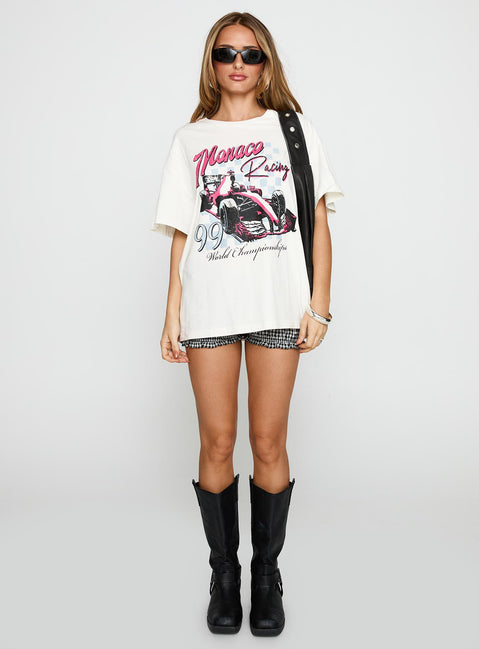 front view of model wearing Princess Polly Monaco Racing 99 Oversized Tee White Half Sleeves Crew Neck 