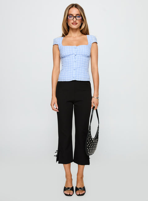 back view of model wearing Princess Polly Getting Close Button Up Top Blue Check Short Sleeves Sweetheart 