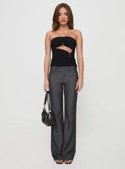 front view of model wearing Princess Polly Kinkirk Flared Pants Grey Pinstripe Tall Low Rise Pants Pants 