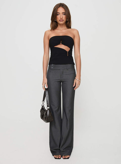 front view of model wearing Princess Polly Kinkirk Flared Pants Grey Pinstripe Tall Low Rise Pants Pants 