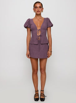 back view of model wearing Princess Polly Wilhelmina Blouse Top Mauve Short Sleeves Plunger 
