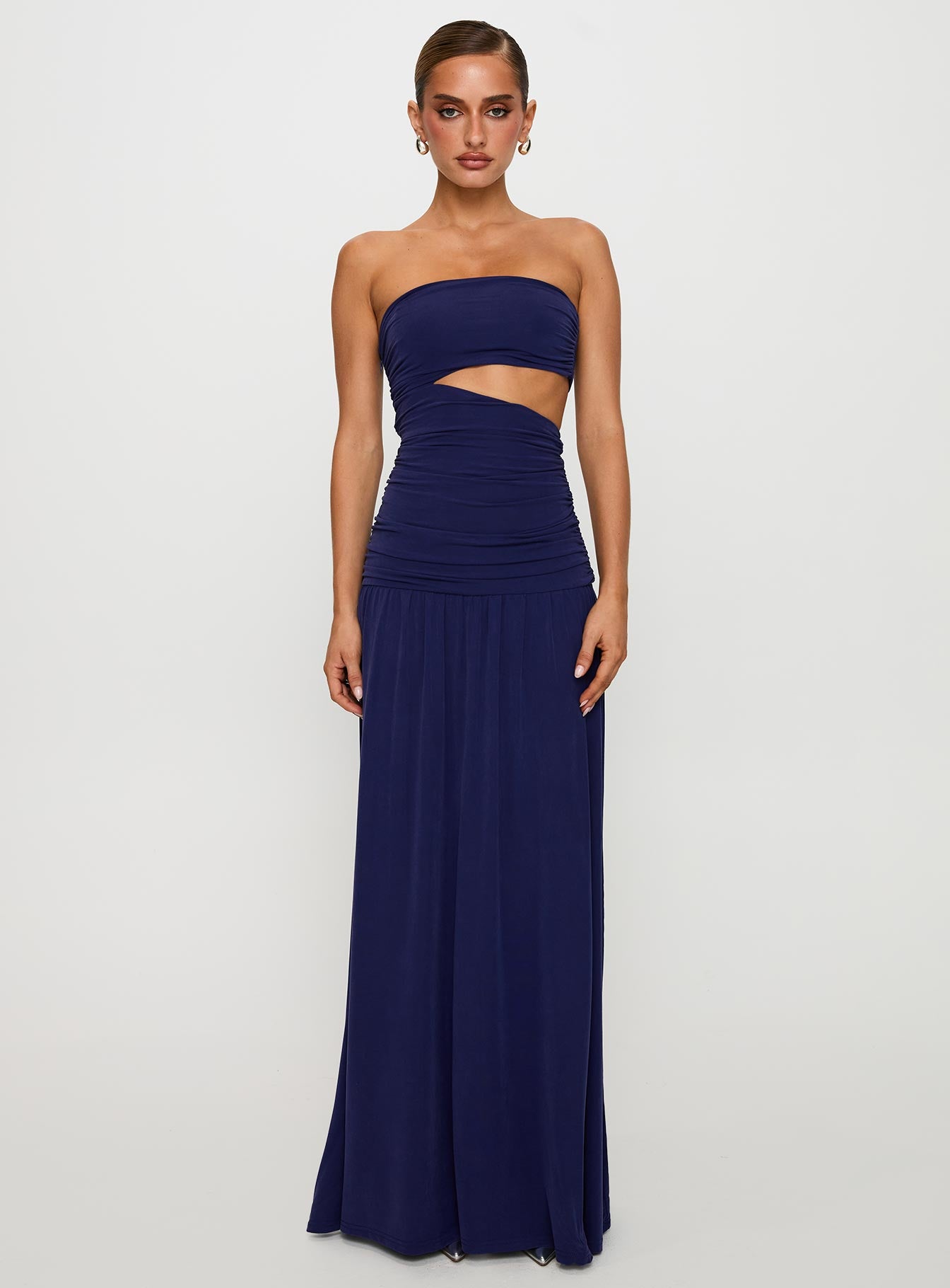 front view of model wearing Princess Polly Grandeur Strapless Maxi Dress Navy Straight Neck 