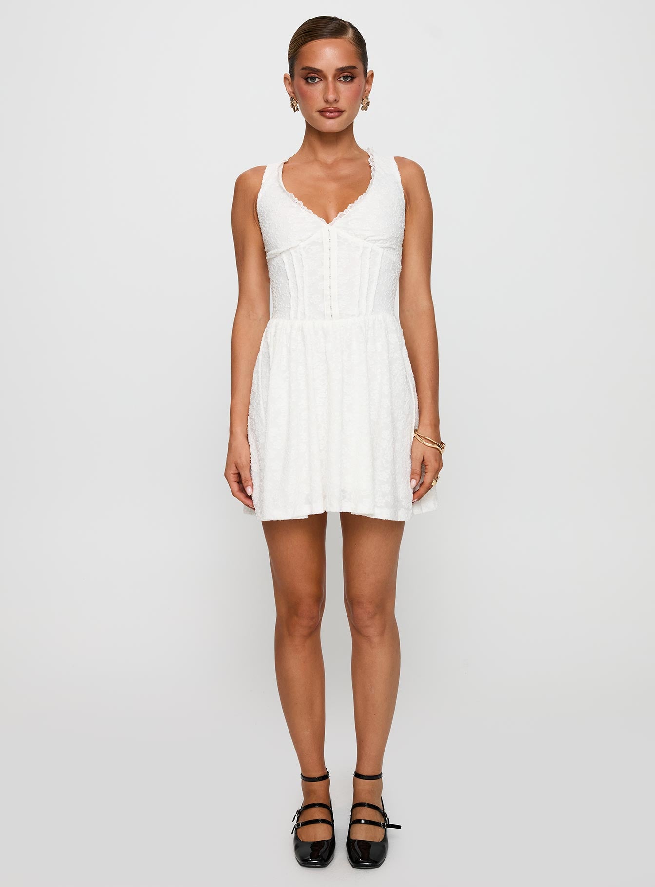 side view of model wearing Princess Polly Loveluck Lace Mini Dress White V-Neck 