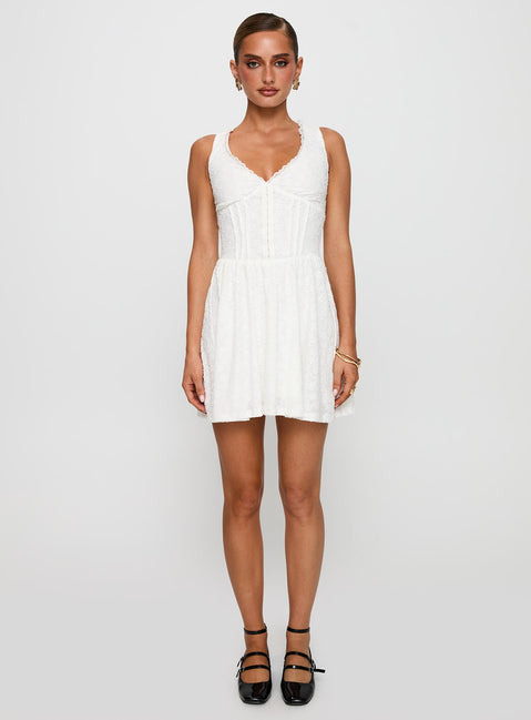 side view of model wearing Princess Polly Loveluck Lace Mini Dress White V-Neck 