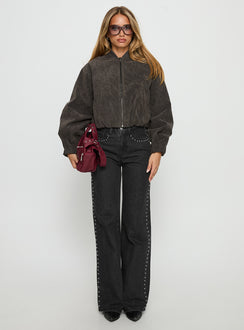 front view of model wearing Princess Polly Saving Up Stud Detail Jeans Jet Black High Rise Jeans 