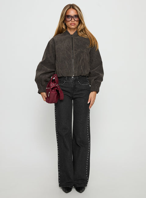 front view of model wearing Princess Polly Saving Up Stud Detail Jeans Jet Black High Rise Jeans 