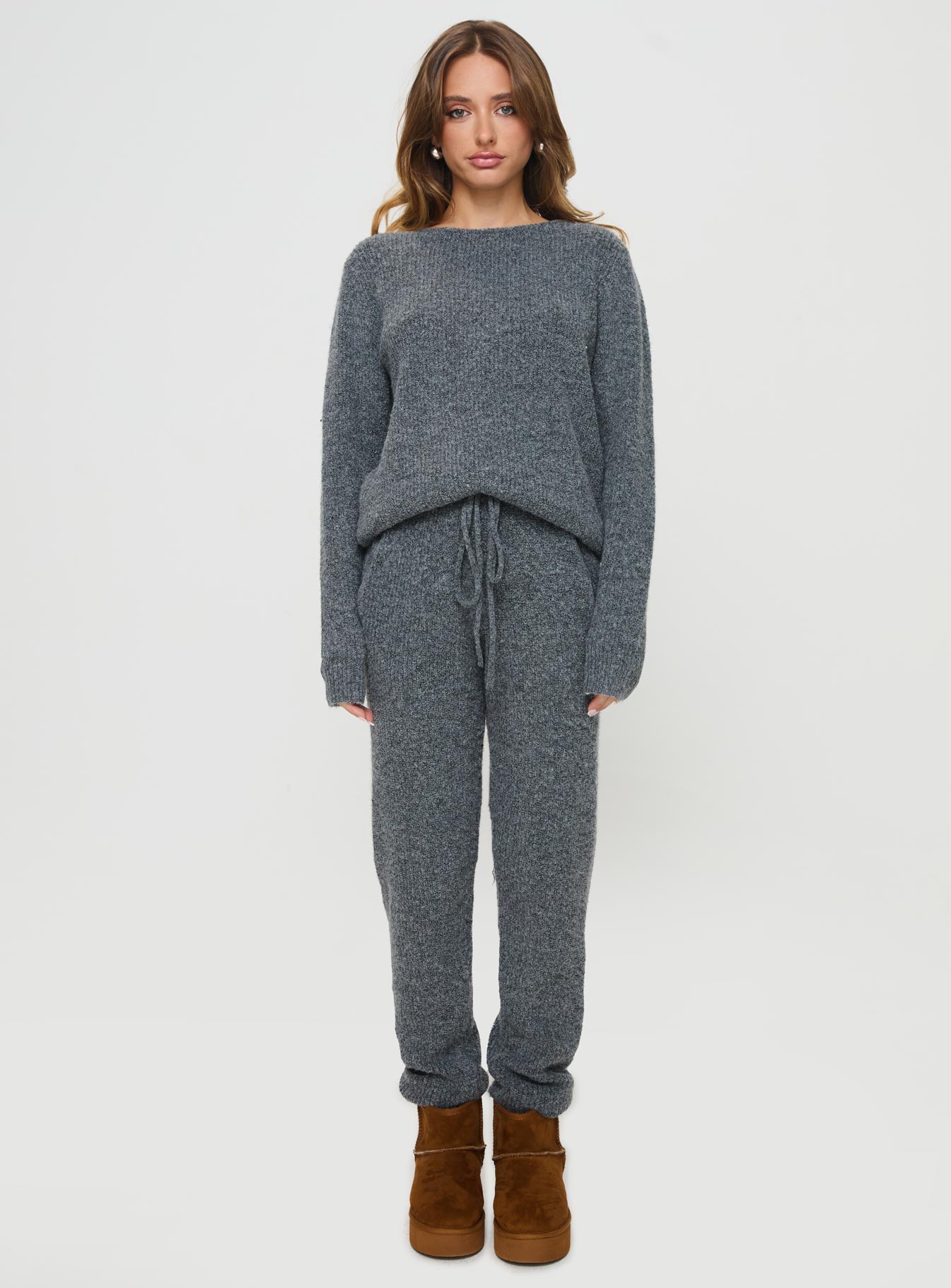 side view of model wearing Princess Polly Abrams Rib Knit Crew Sweater Charcoal Marle regular 