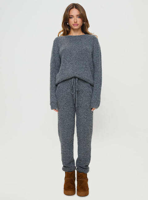 side view of model wearing Princess Polly Abrams Rib Knit Crew Sweater Charcoal Marle regular 