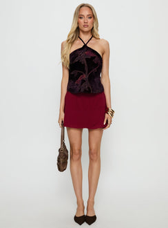   front view of model wearing Princess Polly Sonsie Mini Skirt Burgundy Mini Skirts 