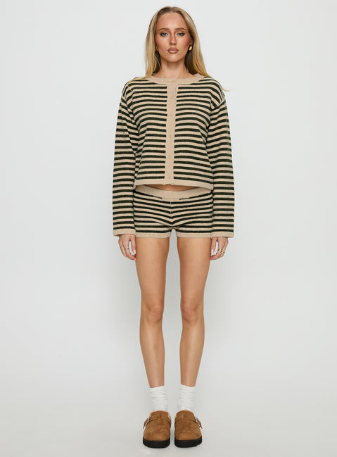 Crafted from the Kollens Knit Cardigan Beige Multi womens jumper with short length striped pattern and oversized fit product Princess Polly