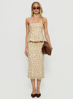   front view of model wearing Princess Polly Sydni Midi Bias Cut Skirt Yellow / Chocolate Polka Midi Skirts Skirts 