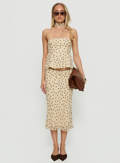   front view of model wearing Princess Polly Sydni Midi Bias Cut Skirt Yellow / Chocolate Polka Midi Skirts Skirts 