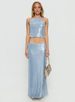   side view of model wearing Princess Polly Emalia Sheer Sequin Maxi Skirt Blue 