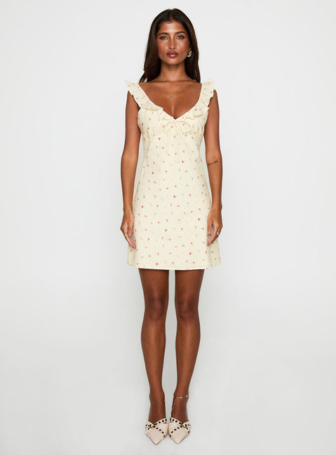 front view of model wearing Princess Polly Tattoo Kisses Frill Mini Dress Floral V-Neck 