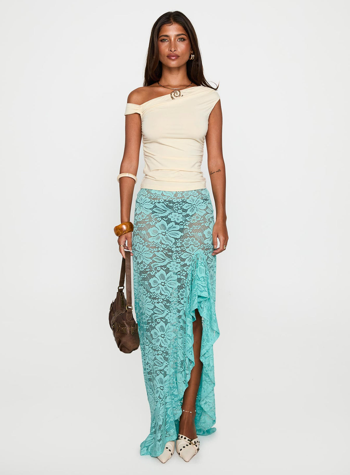back view of model wearing Princess Polly Bluemoon Lace Maxi Skirt Blue Maxi Skirts Skirts 
