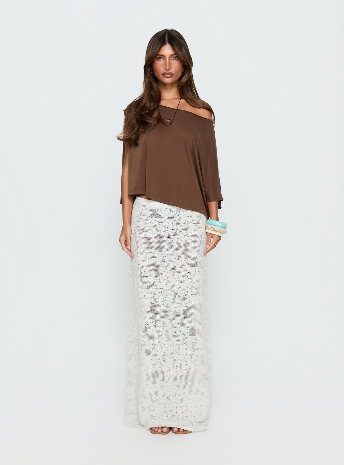   front view of model wearing Princess Polly Opresia Crochet Maxi Skirt White Maxi Skirts 