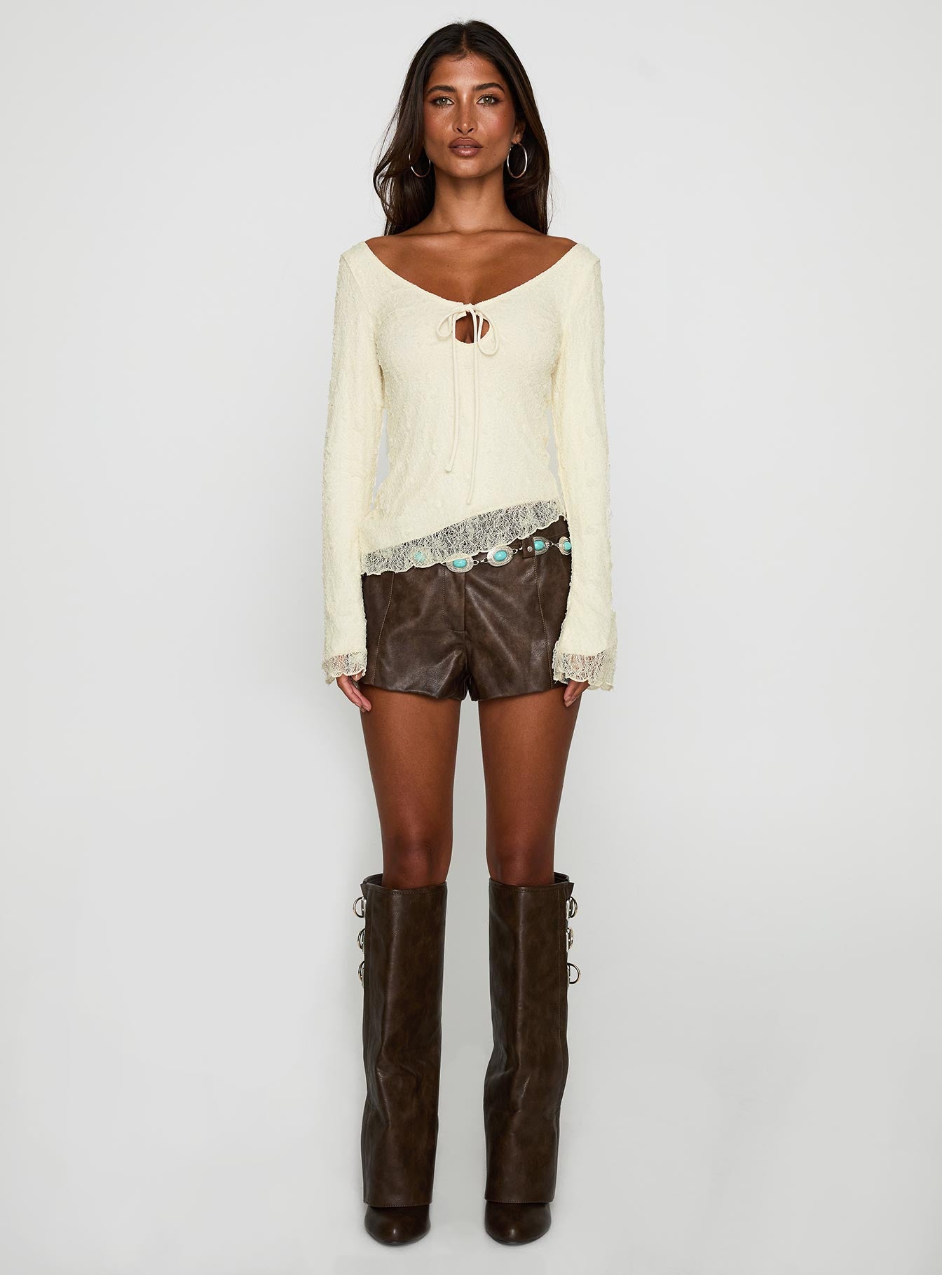back view of model wearing Princess Polly Hyacinthe Long Sleeve Top Cream Full Sleeves Scoop Neck 