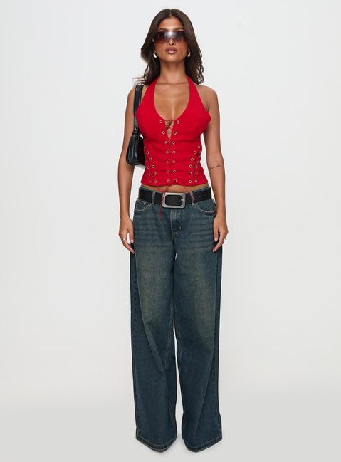 front view of model wearing Princess Polly Come See Me Tie Up Halter Top Red Sleeveless Plunger 