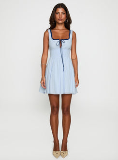 front view of model wearing Princess Polly Natilda Mini Dress Blue Square Neck 