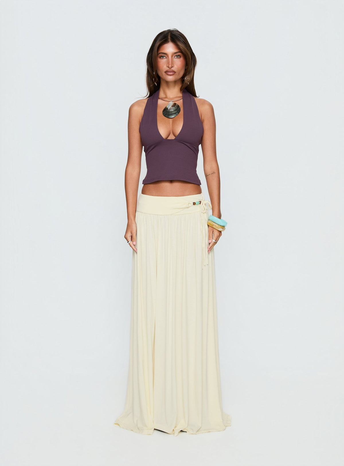   front view of model wearing Princess Polly Velvet Storm Tie Detail Flowy Maxi Skirt Cream Maxi Skirts 