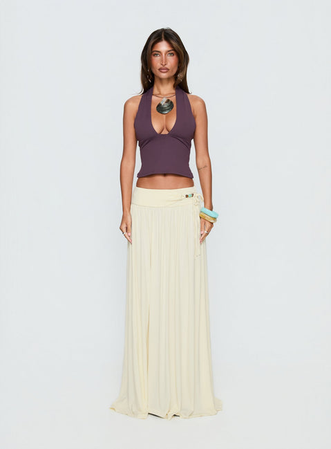   front view of model wearing Princess Polly Velvet Storm Tie Detail Flowy Maxi Skirt Cream Maxi Skirts 