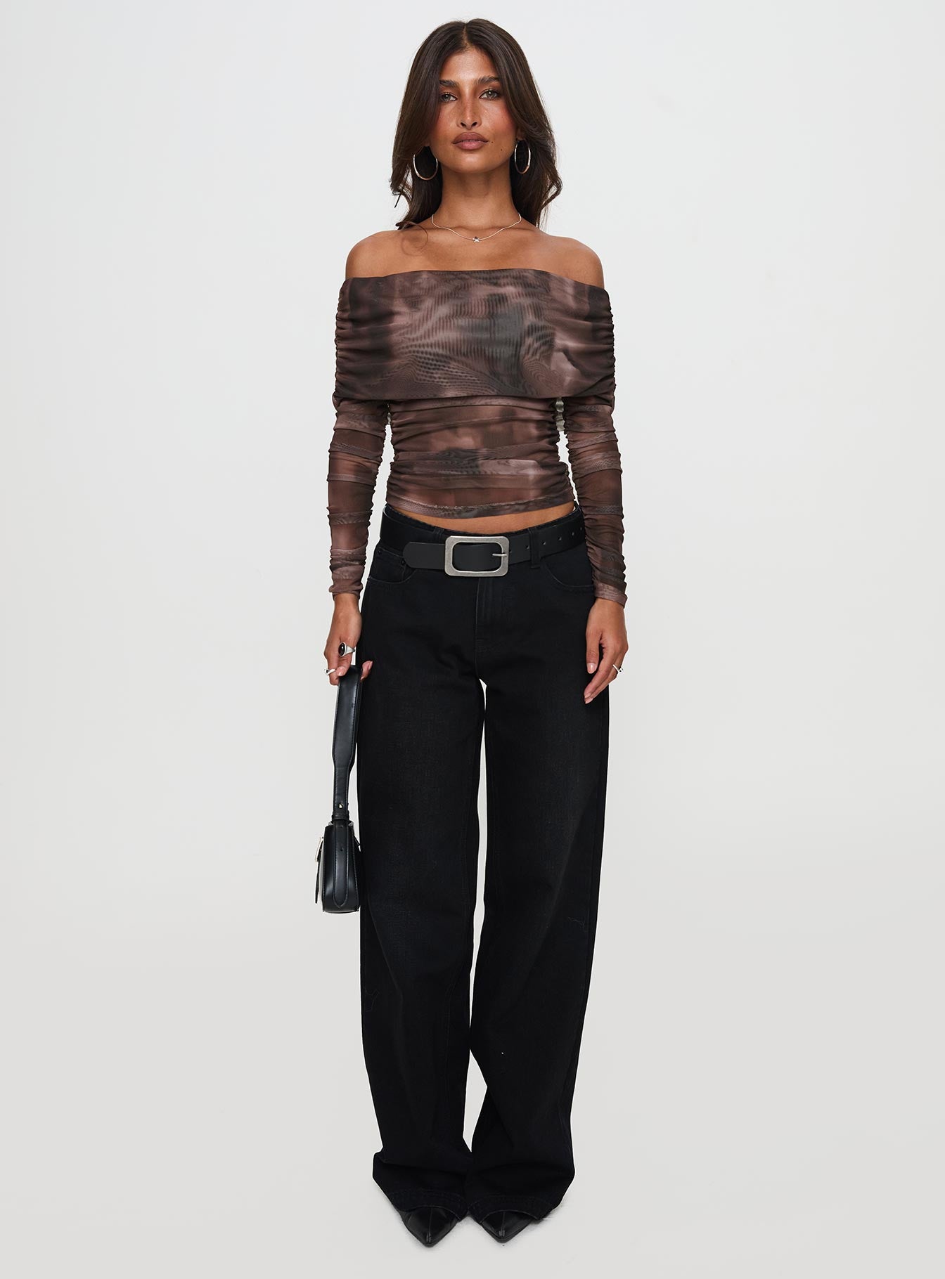 front view of model wearing Princess Polly Good Taste Off Shoulder Long Sleeve Top Multi Full Sleeves straight 