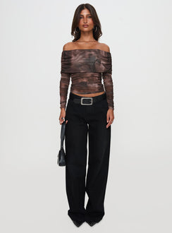 front view of model wearing Princess Polly Good Taste Off Shoulder Long Sleeve Top Multi Full Sleeves straight 