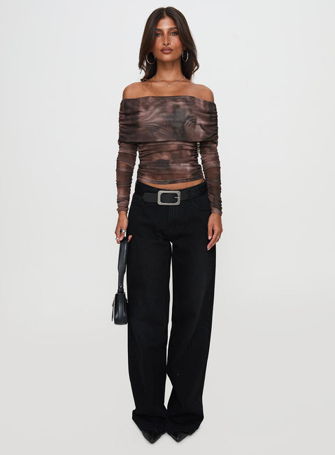 front view of model wearing Princess Polly Good Taste Off Shoulder Long Sleeve Top Multi Full Sleeves straight 