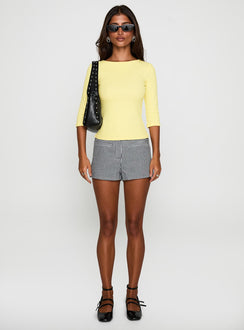 back view of model wearing Princess Polly Elaia 3/4 Sleeve Top Yellow Three Fourth Sleeves Crew Neck 