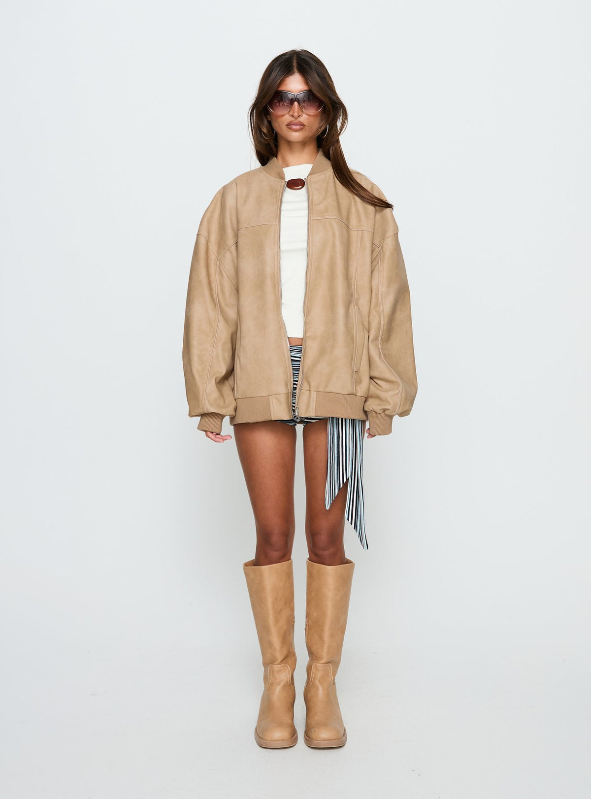 Believe It Faux Leather Bomber Jacket Washed Stone
