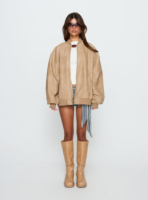 Believe It Faux Leather Bomber Jacket Washed Stone