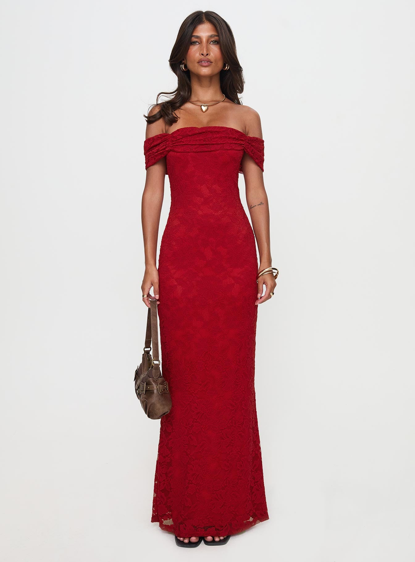 side view of model wearing Princess Polly Allured Strapless Maxi Dress Burgundy Straight Neck 