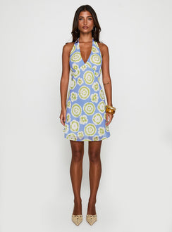 front view of model wearing Princess Polly Neelia Mini Dress Blue / Yellow Plunger 