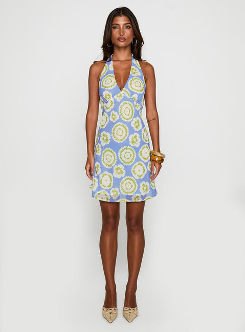 front view of model wearing Princess Polly Neelia Mini Dress Blue / Yellow Plunger 