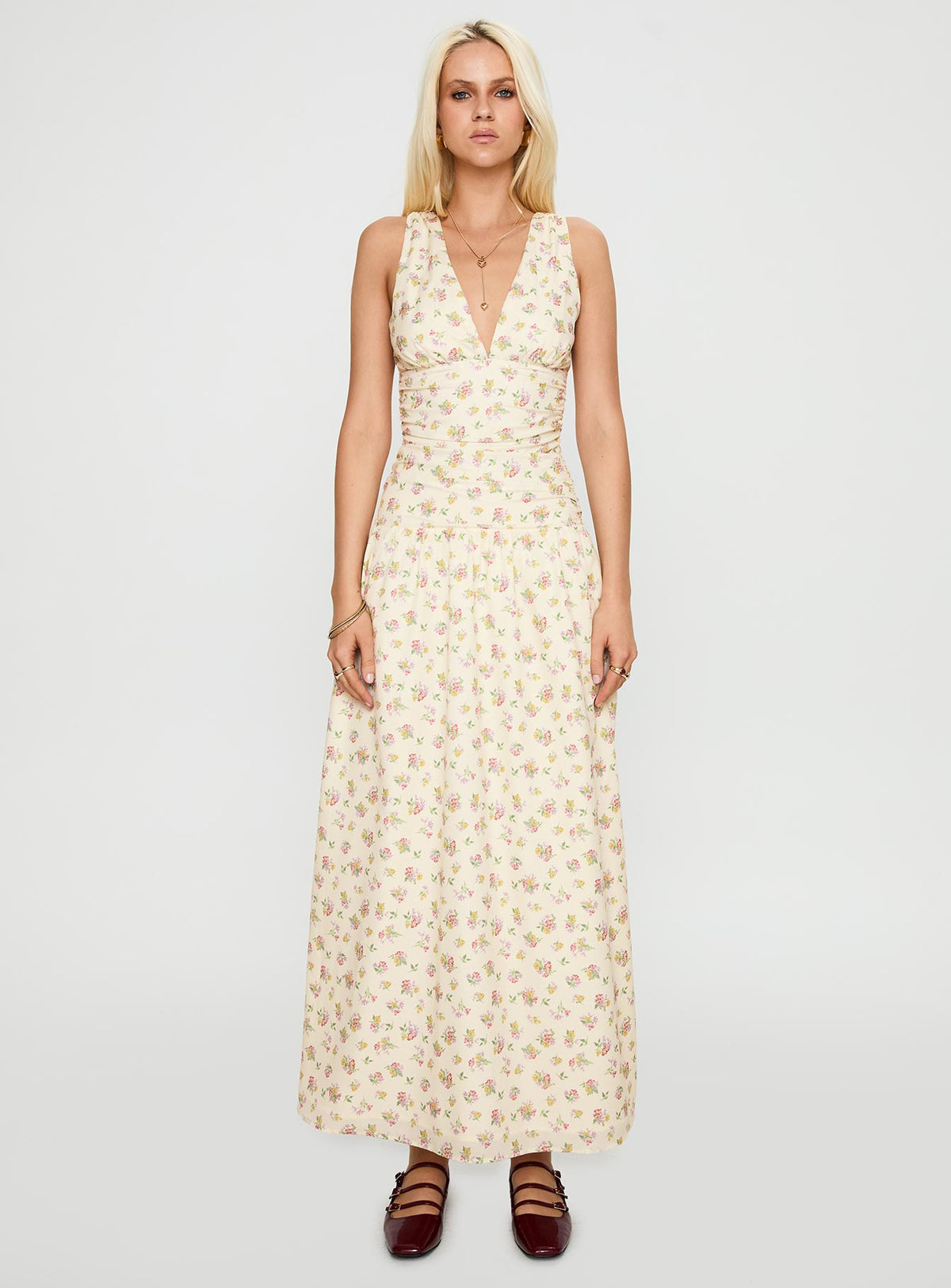 front view of model wearing Princess Polly Esthie Maxi Dress Multi Floral V-Neck 
