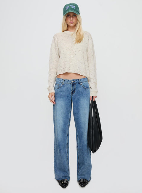 front view of model wearing Princess Polly Sabryna Low Rise Jeans Blue Low Rise Jeans 