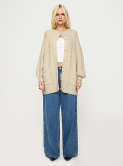 side view of model wearing Princess Polly Cameliah Knit Cardigan Cream Long 