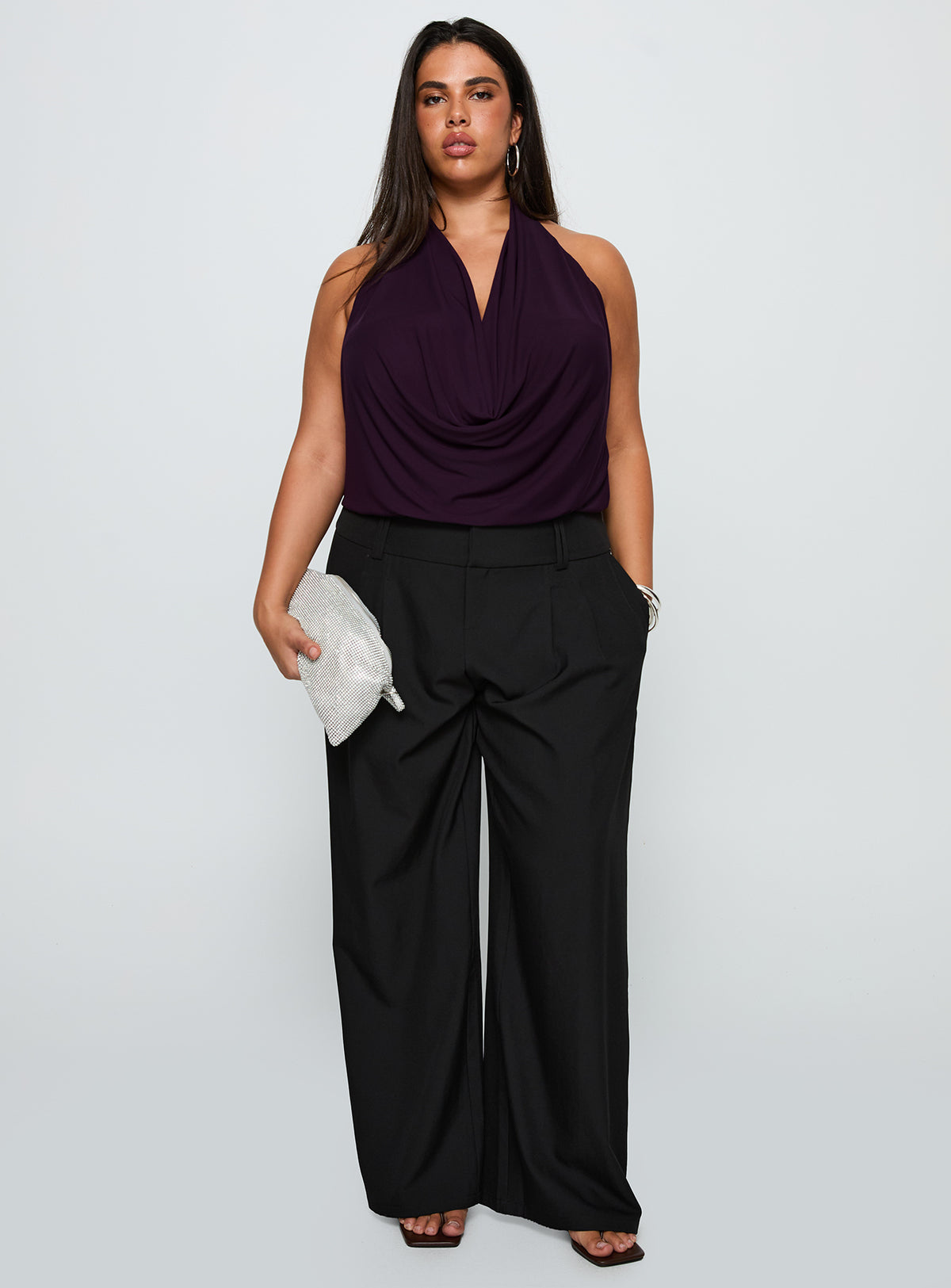 back view of model wearing Princess Polly Carefree Days Cowl Neck Top Purple Curve Sleeveless Cowl 