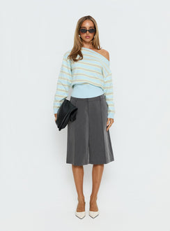 side view of model wearing Princess Polly Zinia Off Shoulder Knit Sweater Grey / Blue Stripe Cropped Jumpers 