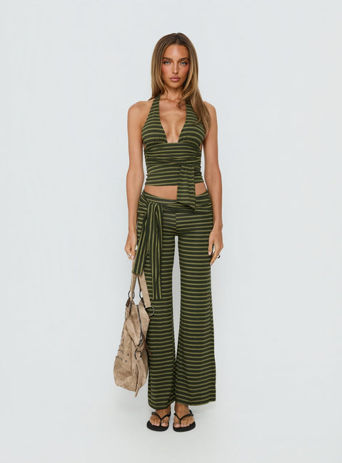 front view of model wearing Princess Polly Esata Tie Detail Pants Green Stripe Mid Rise Pants 